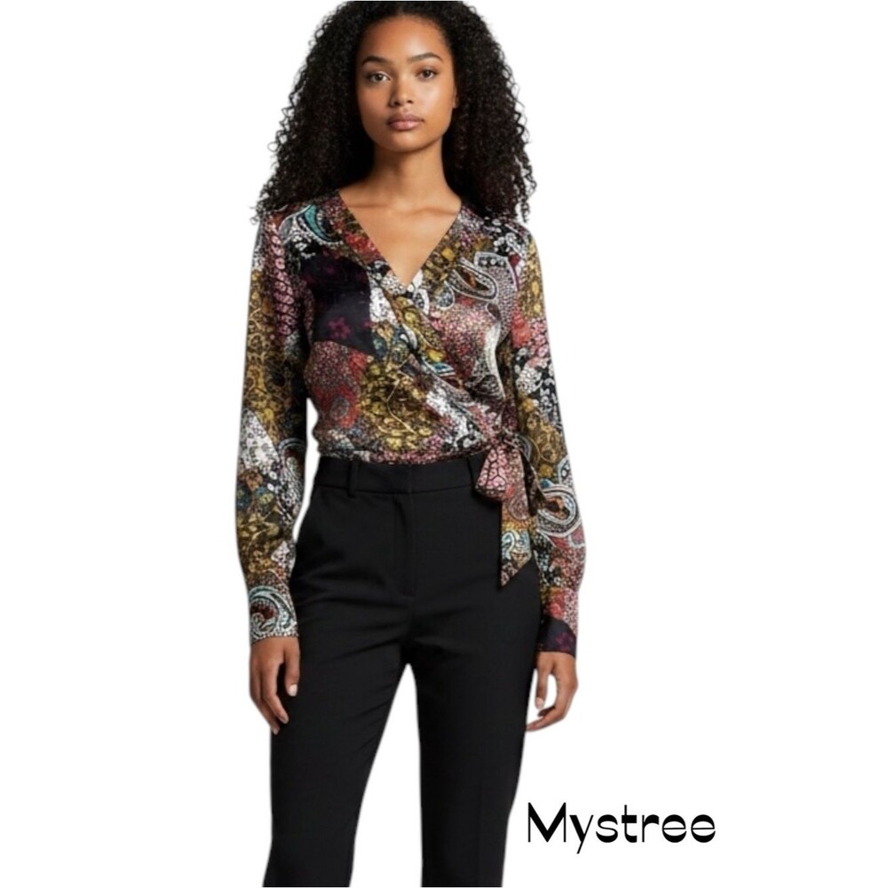 Mystree Satin Brown Pink Bold Floral Bow Tie Wrap Top NWT Size L Bohemian Chic